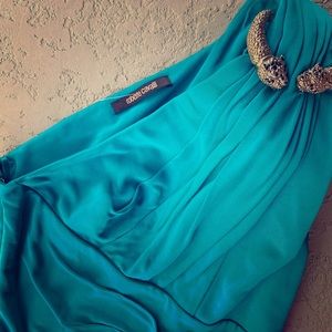 1 shoulder turquoise snake dress
